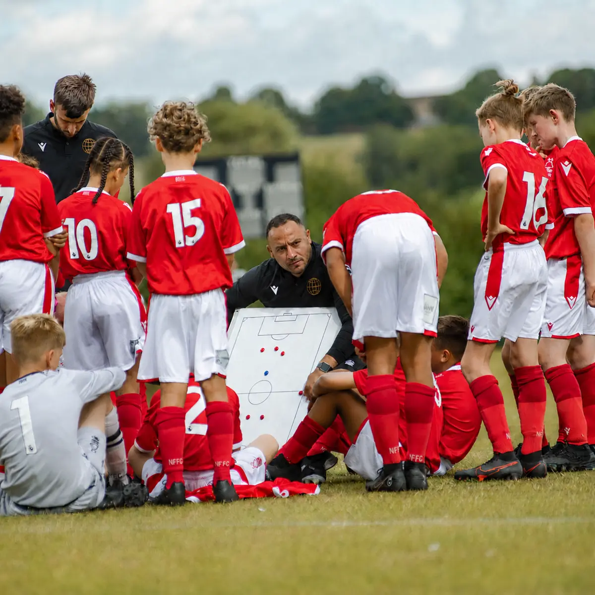 Players gathered around a coach and tactics board