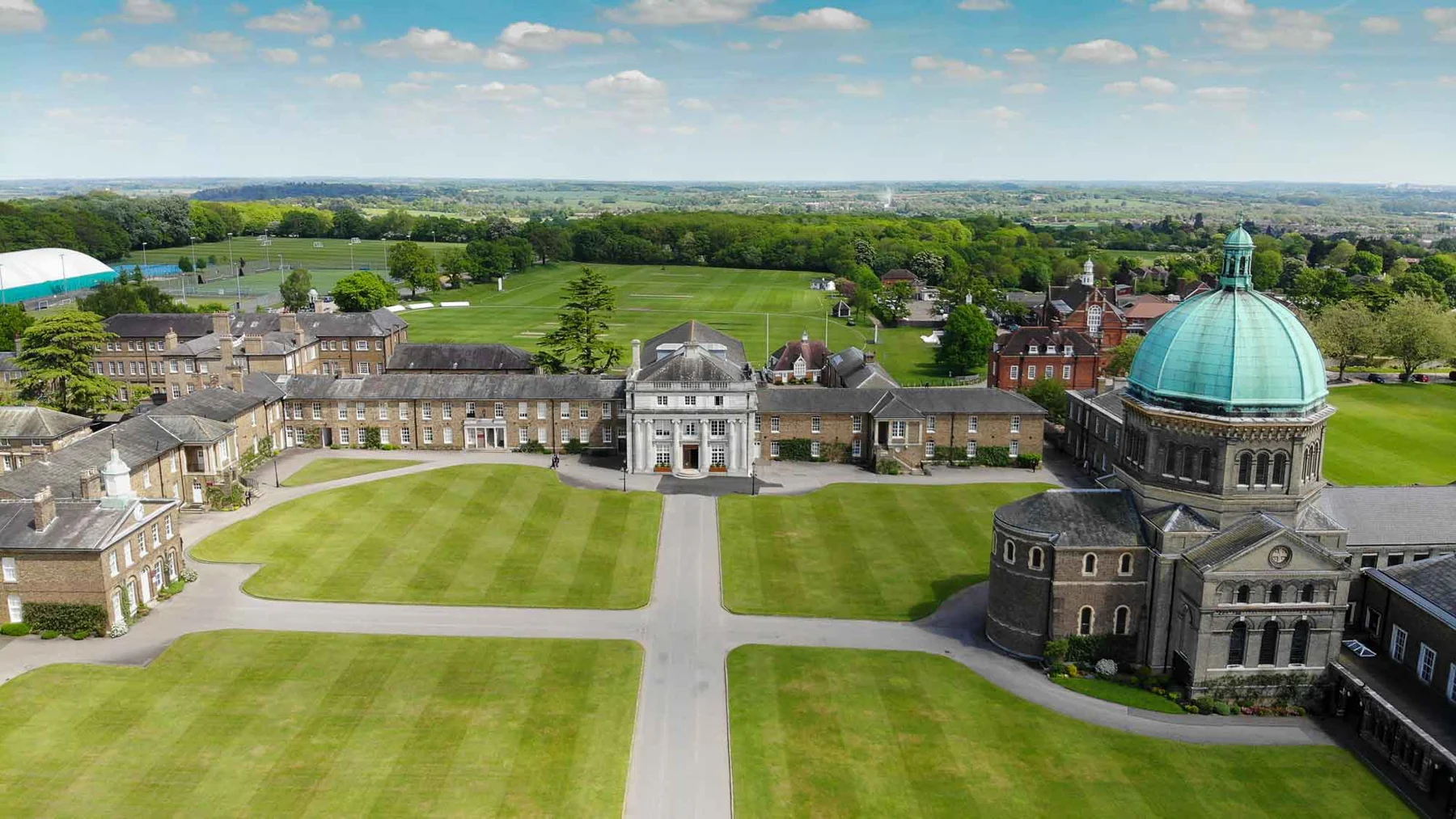 Aerial view of Haileybury School’s quadrangle, dome and surrounding grounds